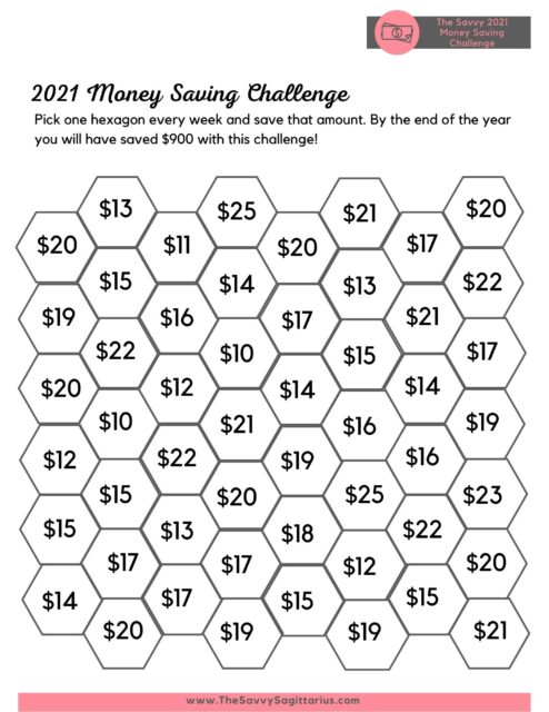 2021 Money saving challenge! Save $900 in a year by saving $25 or less every week for 52 weeks!!